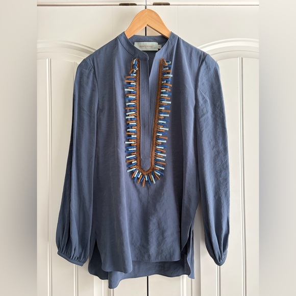 Silvia Tcherassi Triora Split Collar Blouse Top Women's Size XS Blue Embroidered - Picture 5 of 12